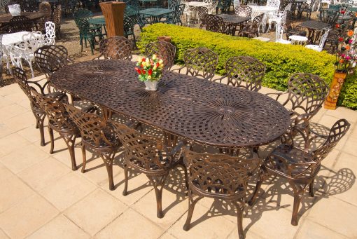 12-Seater Cast Aluminium Patio Furniture Crystal Set with 320cmx126cm Oval Crystal Table