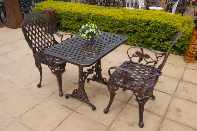 Two-Seater Cast Aluminium Patio Furniture Set with 90cm x 50cm Tall CapeGrape Table