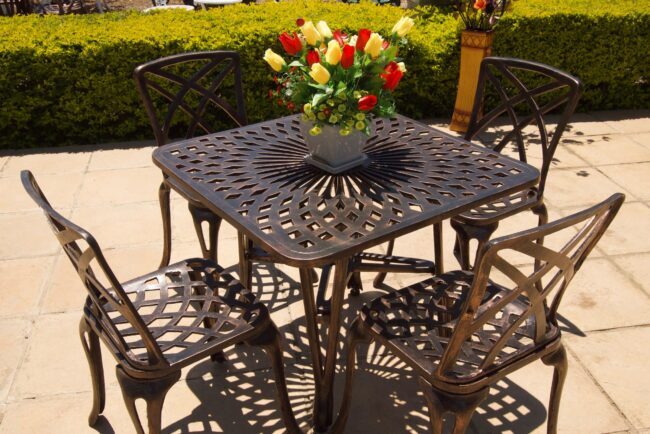Four-Seater Cast Aluminium Patio Furniture Small Willow (NO ARMS) Set with 85cm Square Crystal Table