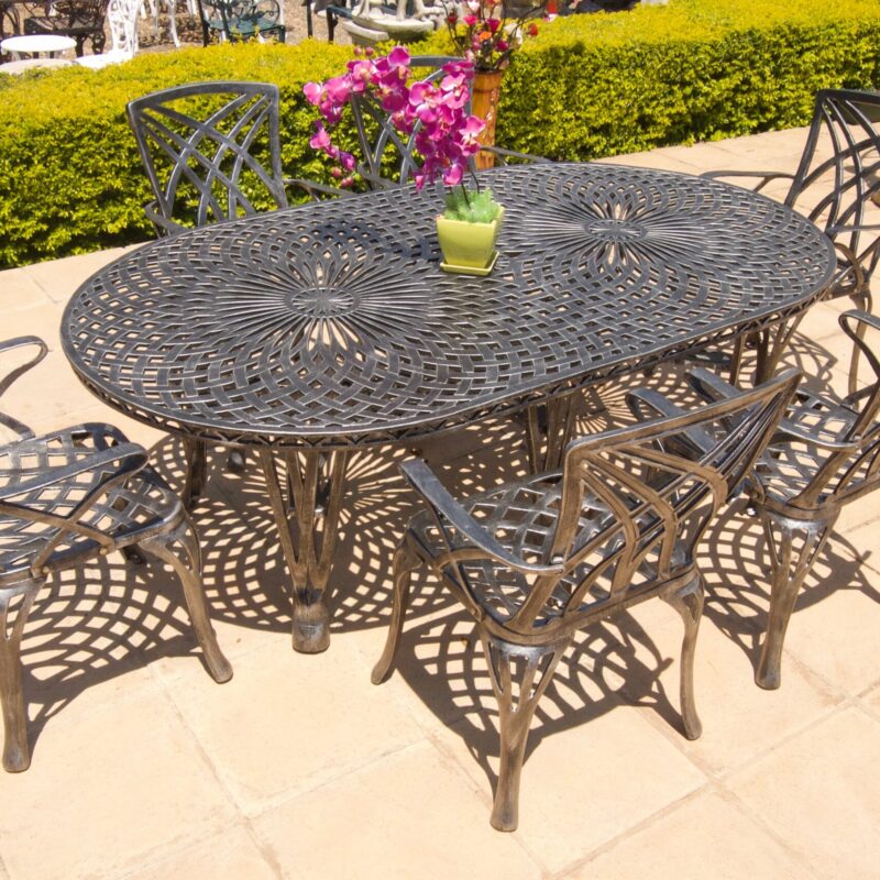 Six-Seater Cast Aluminium Patio Furniture Willow Set with 185cm Oval Crystal Table