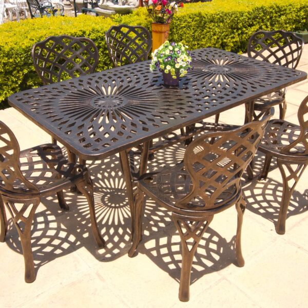 Six-Seater Cast Aluminium Patio Furniture Small Crystal Set with 157cm Rectangular Crystal Table