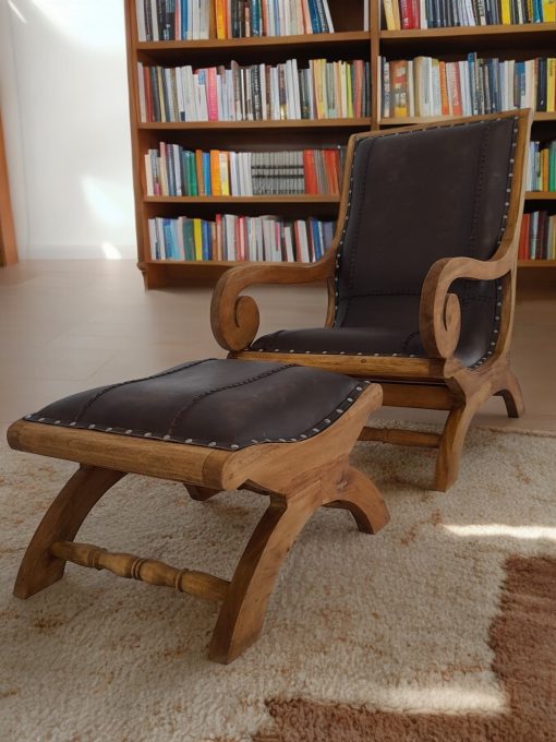 Nordic Comfort Set: Mahogany Carved Lounger & Ottoman